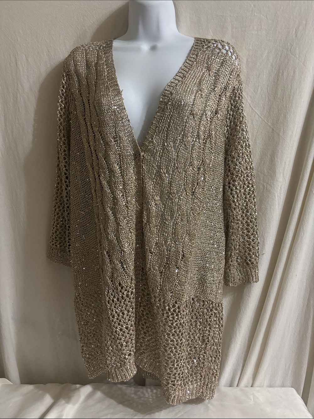 Open-Front Knit Cardigan crochet, glitter, sequin, Mom, grandma bling H